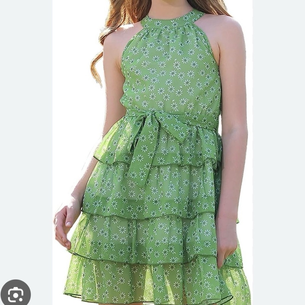 Lovely Green Floral Tiered Kids Dress